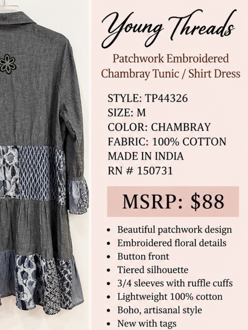NWT Young Threads Patchwork Embroidered Tunic Shirt Dress MSRP 88 - Picture 10 of 11